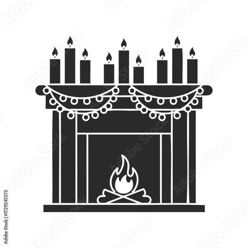 Festive fireplace with garland and candles illustration