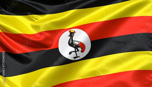Free Download A crowned crane lifts one leg in poised motion—Uganda’s flag pulses in black, yellow, and red, where people, sunshine, and brotherhood rise in rhythmic stripes. It’s a banner of dignity and unity, sti - GFXLoad