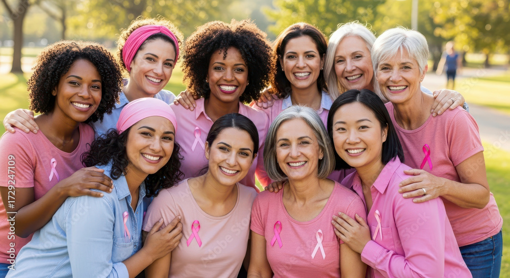 Fototapeta premium Diverse Women United in Pink for Breast Cancer Awareness Month Celebration