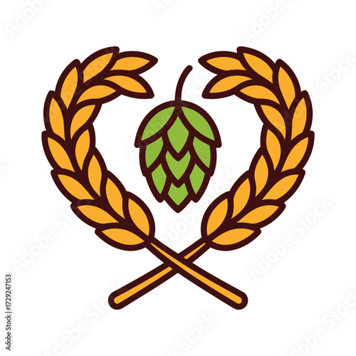 Minimalist logo of a heart shape formed by golden wheat stalks with green hop cone in center on white background