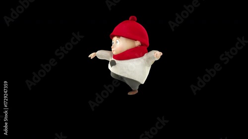 3D cartoon boy dancing with funny moves in red hat. Luma matte is placed after the main clip for compositing. Ideal for animation, editing, and motion design.