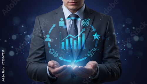 A Visionary in the Business World: A sharp businessman holds a glowing digital representation of a growth chart, set against a sleek blue backdrop.