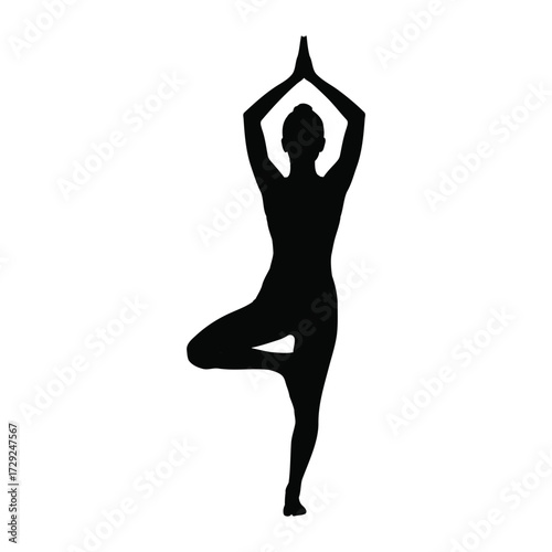 Silhouette of a woman in a yoga tree pose against a white background