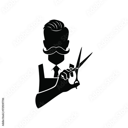 Elegant silhouette icon of a skilled male barber holding sharp scissors, featuring a classic mustache and styled hair, perfect for grooming services and hair care businesses
