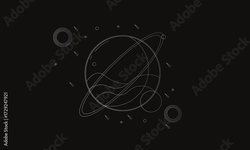 Monochrome Outline of a Planet with Rings and Waves