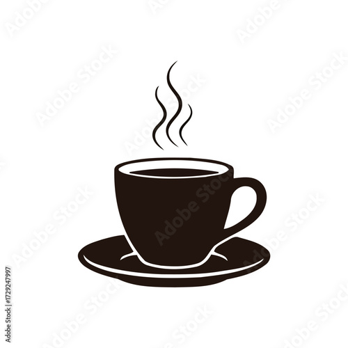Steaming Hot Coffee Cup Icon on Saucer, Symbol of Morning Beverage and Warmth