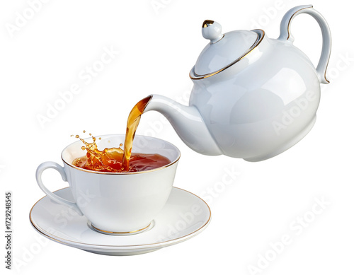  Elegant Teapot Pour – Hot Tea Flowing into Ceramic Cup PNG