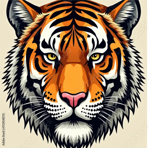 Striking Tiger Portrait: A captivating digital illustration of a majestic tiger, its piercing gaze and intricate patterns commanding attention. This artwork evokes strength, beauty.