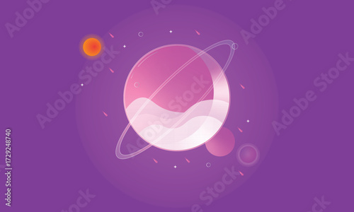 Whimsical planet with rings on a vibrant purple gradient background