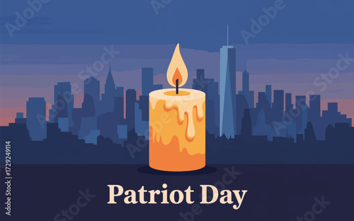 Lit candle in front of New York City skyline at dusk