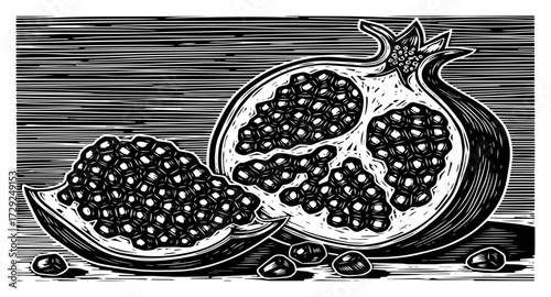 Vintage Pomegranate Fruit with Seeds in a Woodcut Style