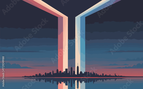 City skyline at dusk with abstract colored light beams