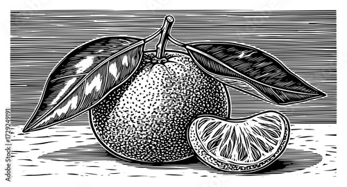 Tangerine Fruit with Leaves in a Retro Engraving Style
