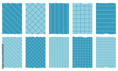 Set of blue washi tapes with patterns isolated on white. Tapes collection in vector. Pieces of decorative tape for scrapbooks. Torn paper. Lines, cell