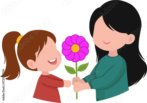 Girl Giving Flower to Mother Illustration