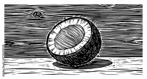 Retro Coconut Halved in a Woodcut Style