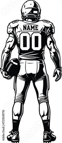 American football player standing holding ball black and white illustration