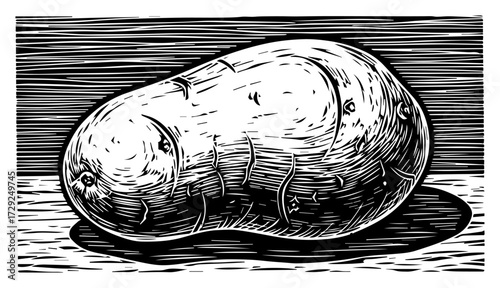 Potato Vegetable in a Vintage Linocut Illustration