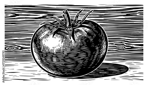 Vintage Tomato Vegetable in a Woodcut Engraving Style