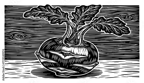 Kohlrabi Cabbage in a Retro Engraved Style