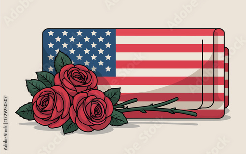 Red roses on rolled American flag flowers patriotic