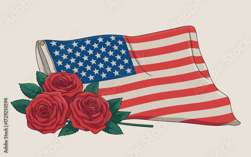 American flag draped over red roses patriotism memorial