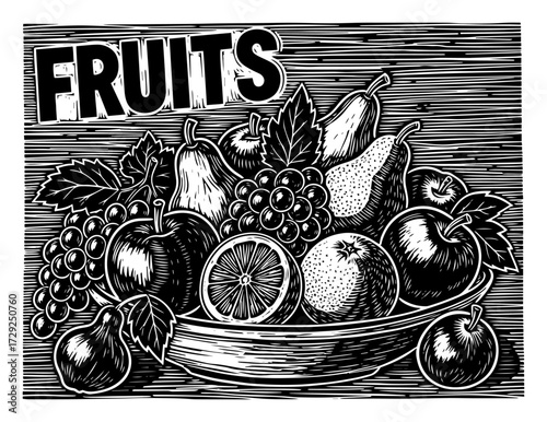 Retro Still Life with a Bowl of Fruits in Woodcut Style