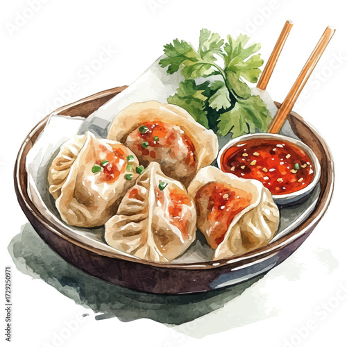 watercolor vector of Dumplings In Chili Oil, isolated on a white background.