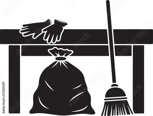 Black and white illustration of cleaning equipment showing a broom gloves and a trash bag suggesting cleanliness organization and waste management for a tidy home environment