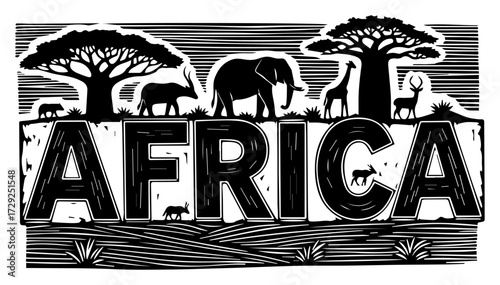 Africa Safari Scene with Wild Animals Silhouette
