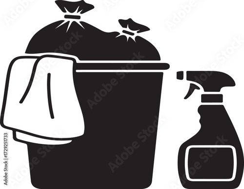 Cleaning Supplies Icon Set Featuring Spray Bottle Trash Can and Cloth for Sanitation Purposes with Black and White Design