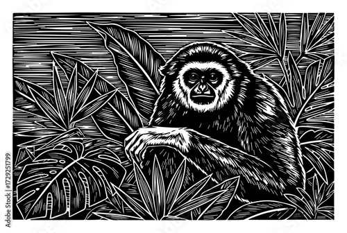 Gibbon Monkey in the Jungle Woodcut Illustration