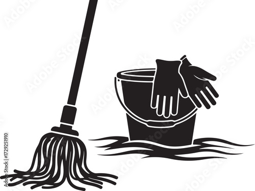 Cleaning tools icon vector design featuring a mop bucket and cleaning gloves perfect for illustrating hygiene home care and janitorial services