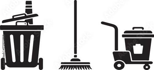 Cleaning tools icons set features black and white vector illustration of mop trash bin and service cart for janitorial services and waste management solutions