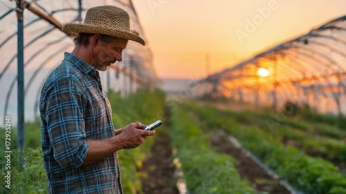 Farmer using a smartphone in a greenhouse at sunrise, checking his crops.