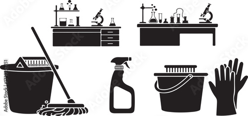 Laboratory and Cleaning Supplies Black and White Icon Set Including Desks with Equipment Mop Bucket Spray and Gloves Perfect for Science Education and Hygiene Related Designs