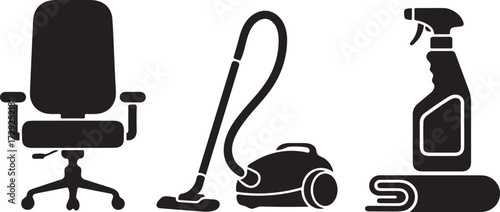 Office and House Cleaning Vector Icons Including an Ergonomic Chair a Vacuum Cleaner and Cleaning Spray Bottle in a Minimalist Style