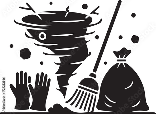 Tornado Aftermath Cleanup Illustrated Vector Icon for Weather Emergency Response and Disaster Recovery Efforts Featuring Protective Gloves and Cleanup Equipment