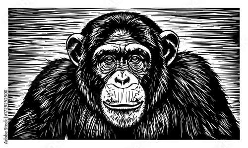 Chimpanzee Portrait in a Vintage Woodcut Style