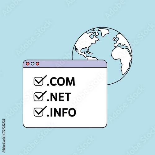 Domain name registration with world globe and browser window Keywords: domain name, website, internet