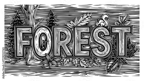 Forest Lettering with Nature Elements in a Woodcut Style
