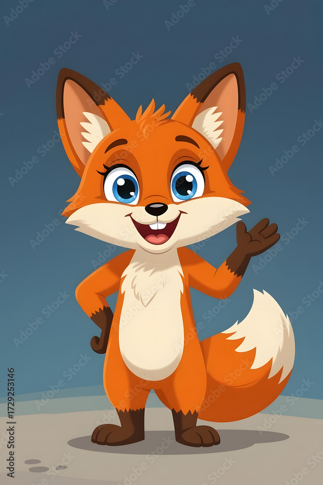 Obraz premium “Cute Cartoon Fox Character Waving and Smiling – Friendly Animal Mascot Illustration”