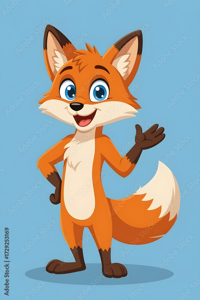 Obraz premium “Cute Cartoon Fox Character Waving and Smiling – Friendly Animal Mascot Illustration”