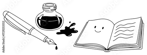 Fountain Pen Inkwell and a Happy Book Illustration
