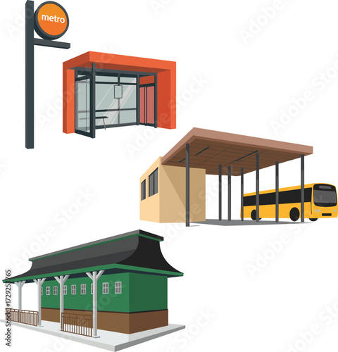 Modern public transport bus stop designs with shelter, signage, and urban infrastructure for city planning, transit advertising, and transportation concepts.