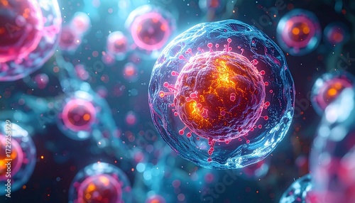 Abstract Microscopic Biological Cells with Glowing Nuclei in Dark Fluid. Science, Medicine & Healthcare Research Concept