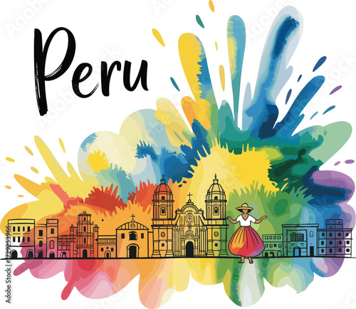 Peru travel destination with vibrant watercolor background, traditional dancer, and iconic cityscape architecture for tourism promotion.