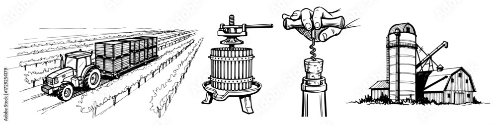 Naklejka premium Farm and Harvest Icons Set in a Hand Drawn Style