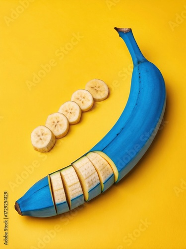 Studio Photography Sliced Blue Banana On Yellow Background Sharp Focus UHD