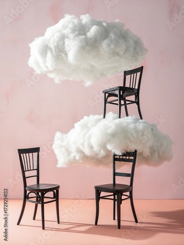Surreal Studio Photography Of Cotton Cloud Balancing Black Chairs On Light Pink Background